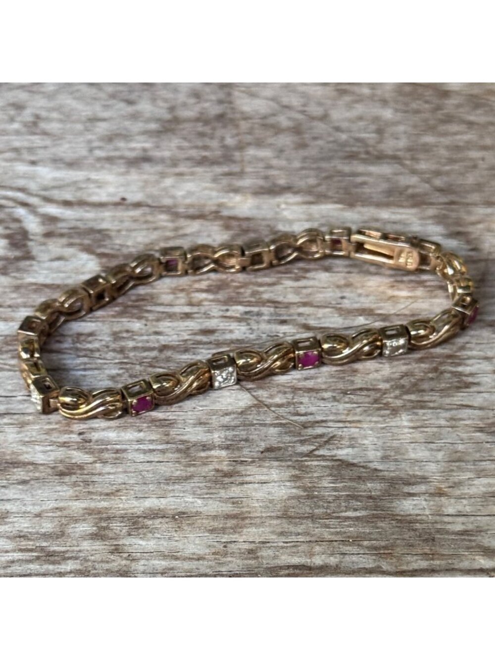 925 Sterling Silver Gold Vermeil Ruby CZ Link Bracelet 7" - Picture 3 of 6